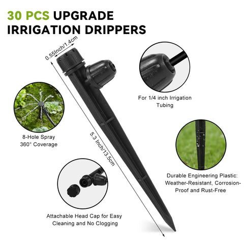 30 Pieces Drip Irrigation Emitters With Quick Connect And Adjustable 360 Degree Water Flow For One Quarter Inch Tubing