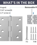 Beefy 4 Inch Exterior Door Hinges Pack Of 6 In Brushed Nickel With Square Corners And Removable Pin For Front And Back Doors Anti Rust No Squeaks Easy Install, displayed with included screws and pin.