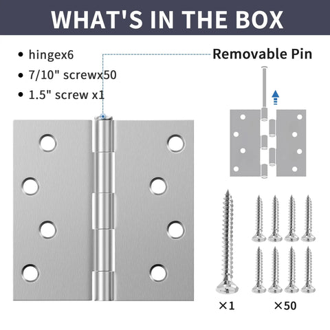 Beefy 4 Inch Exterior Door Hinges Pack Of 6 In Brushed Nickel With Square Corners And Removable Pin For Front And Back Doors Anti Rust No Squeaks Easy Install, displayed with included screws and pin.