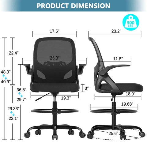 Dimensions of Tall Drafting Chair For Home Office And Art Studio, Ergonomic Standing Desk Stool, Mesh Back, Black