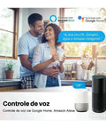 Smart WiFi Wall Socket with Black Glass Touch Panel and 20A Power Monitor Offering 4400W Capacity for Brazilian Standard Outlets being activated by voice.