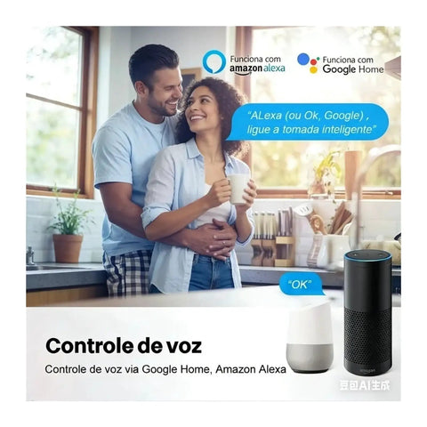 Smart WiFi Wall Socket with Black Glass Touch Panel and 20A Power Monitor Offering 4400W Capacity for Brazilian Standard Outlets being activated by voice.