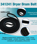 Complete Dryer Repair Kit With 341241 Belt, 691366 Idler Pulley, And 349241T Drum Rollers image showing 341241 dryer belt.