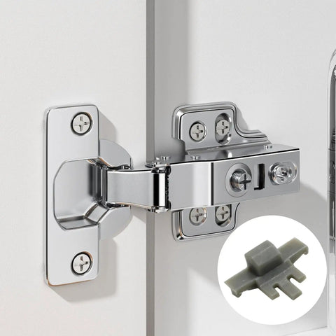Close-up of a mounted 90-degree soft-close cabinet hinge with inset image of gray clip from 50 Pack Cabinet Hinge Restrictor Clips.