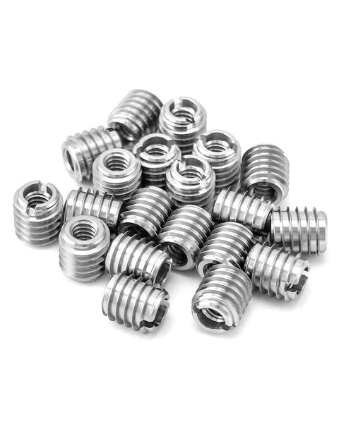 Pile of stainless steel threaded wood inserts with 1/4-20 internal threads, 5/8 inch long, shown in a 20 pack, for various wood types.