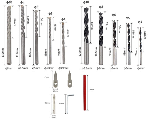 Various drill bits and tools for an Adjustable Hole Saw Cutter Kit 40 To 300mm Circle Hollow Drill Bit Set.