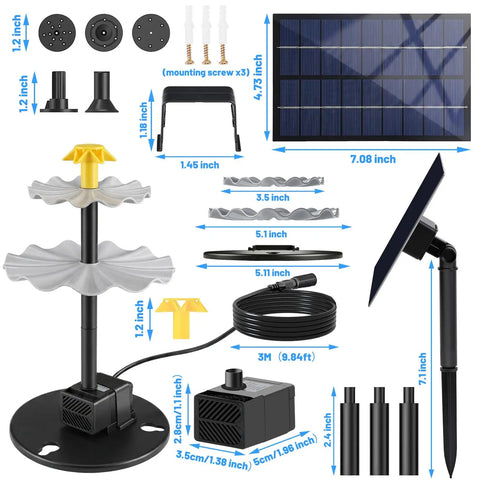 Sun Powered Water Fountain Kit With 2.5W Solar Panel, Four Spray Nozzles, And 9.54 Ft Cable for bird baths, gardens, ponds, pools.