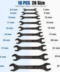 Ultra Slim Open End Wrench Set 10 Piece Metric With Rolling Pouch Includes 5.5 7 8 9 10 11 12 13 14 15 16 17 18 19 20 21 22 23 24 27 Millimeter Nickel Coated CRV Steel For Tight Spaces arranged in a flat layout showing all sizes.