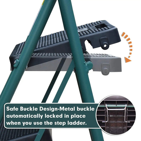 Close-up of folding mechanism on Five Foot Folding Step Ladder With Wide Anti Slip Pedals, Heavy Duty Steel Build, Green