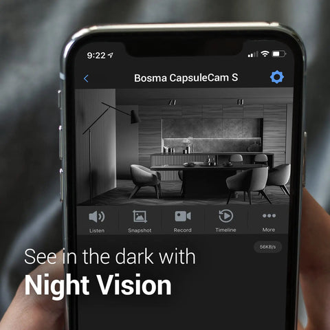 Smartphone displaying CapsuleCam Pro Baby Monitor 2 Pack Dope 1080P HD WiFi Indoor Security Cam app with night vision view