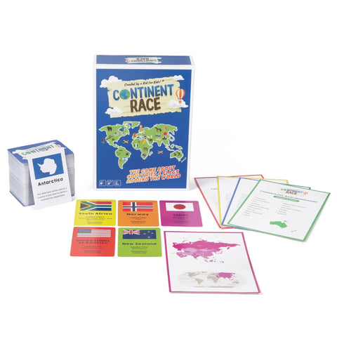 Continent Race Geography Board Game For Kid Friendly Families And Friends Learn Flags And Countries From Around The World With Fun Brain Boosts Game Night Ready For Classrooms And Home components including box and cards displayed.