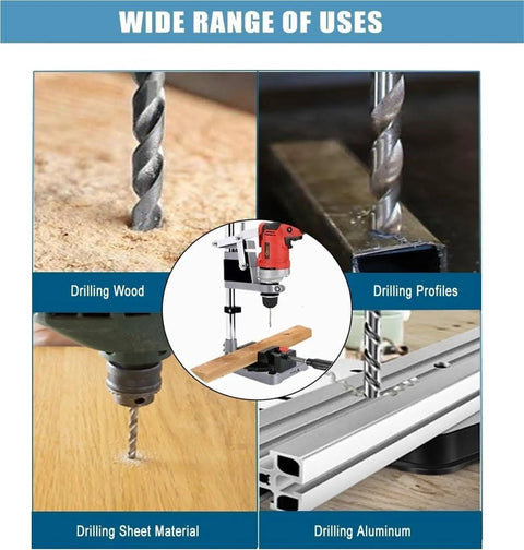 Portable Floor Drill Press Stand With Aluminum Alloy Frame And Large Anti-Shake Base For Hand Tools Repair, shown in use for wood and aluminum.