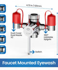 Faucet Mounted Eye Wash Station With Cover For Lab Factory Industry Site Office And Home Emergency Eye Wash Kit Includes 5 Faucet Adapters Note Card And Warning Post, chrome with red caps, dimensions labeled.