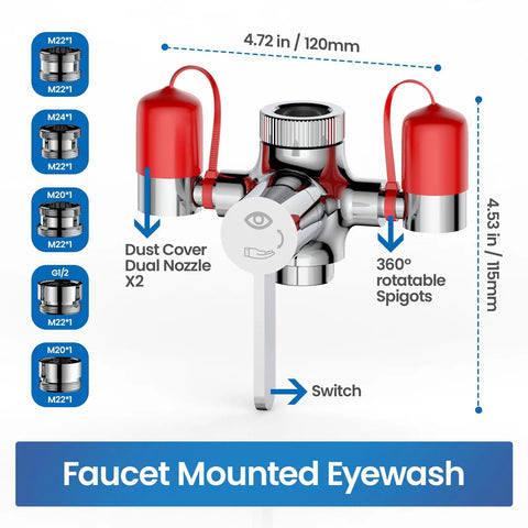 Faucet Mounted Eye Wash Station With Cover For Lab Factory Industry Site Office And Home Emergency Eye Wash Kit Includes 5 Faucet Adapters Note Card And Warning Post, chrome with red caps, dimensions labeled.