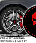 Fresh Four Pack Wheel Center Cap Stickers Featuring A Dope Skull Design In Vivid Red for 2.2 inch wheels, mounted on a car wheel.