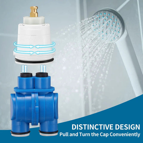 Pressure Balance Shower Cartridge For 1300 1400 Series Tub And Shower Valves 1993 2007 Replacement Part displayed with showerhead