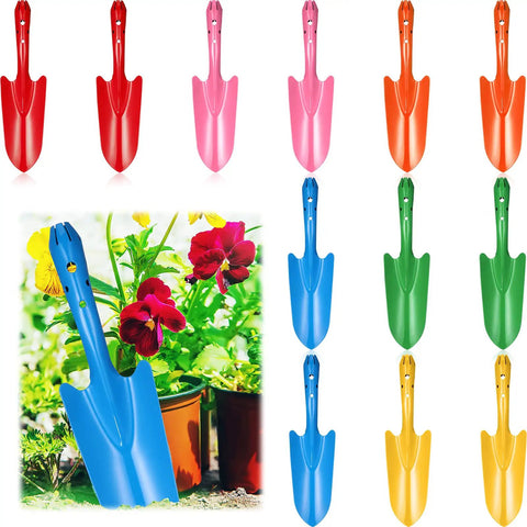 Mini Colorful Metal Hand Shovel Set 12 Pcs Transplanting Trowels 11 X 3 Inch Garden Tools 6 Colors Durable Metal Shovels displayed