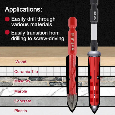 Diamond Drill Bits Set 10pc For Wood Plastic Masonry Tile Glass Ceramic From FOCSTOL Includes 5/16 inch red drill bit and applications.