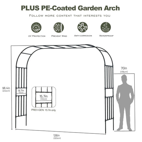 Diagram showing dimensions of Square Tube Garden Arch Trellis For Climbing Plants Outdoor Metal Arbor Black 126 Inch Wide 98 Inch High