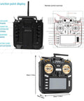 V16 Max ELRS 2.4GHz FPV Transmitter front and back view with detailed labels and dimensions, touchscreen display visible.