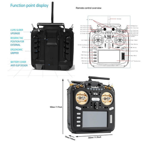 V16 Max ELRS 2.4GHz FPV Transmitter front and back view with detailed labels and dimensions, touchscreen display visible.