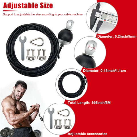 Straight Up Fitness Pulley Cable 118 Inch Adjustable Home Gym Replacement Built Tough With Steel Wire Rope And Nylon Core For Smooth Operation And Crushing Every Workout Rep Today, showing adjustable accessories and sizes.