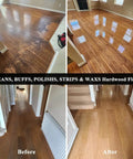 Before and after results of cleaning and buffing hardwood floors using a Heavy Duty Orbital Floor Scrubber And Buffer Kit.