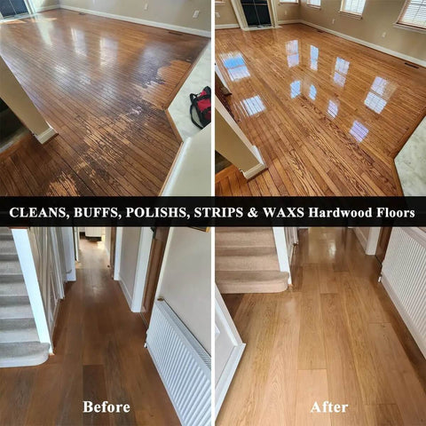 Before and after results of cleaning and buffing hardwood floors using a Heavy Duty Orbital Floor Scrubber And Buffer Kit.