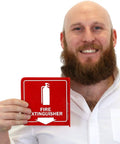 Person holding a Fire Extinguisher Projecting Sign With Down Arrow 6 Inch Polished Acrylic Visible From Both Directions