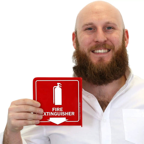 Person holding a Fire Extinguisher Projecting Sign With Down Arrow 6 Inch Polished Acrylic Visible From Both Directions