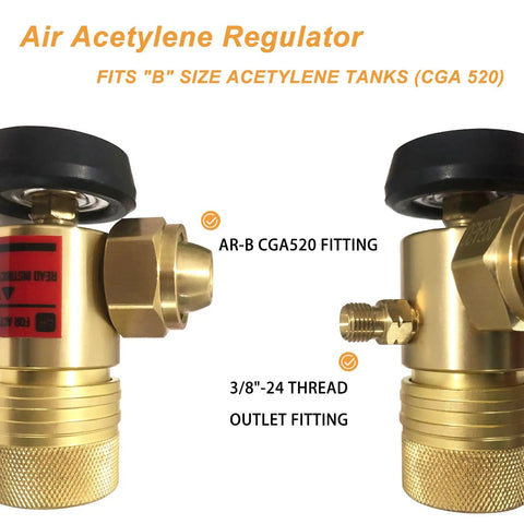Acetylene Regulator CGA520 For B Tanks, Torch Regulator And Gauge Kit, Heavy Duty Brass Construction, Pro Grade Gas Welding Regulator For Tight Connections And Long Lasting Performance, brass CGA520 B-tank fittings, 3/8-24 thread
