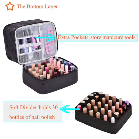 PU Leather Nail Polish Organizer Case With Built In Nail Lamp Holds 30 Plus Bottles And Mani Tools, open view showing compartments for 15ml bottles and tools.