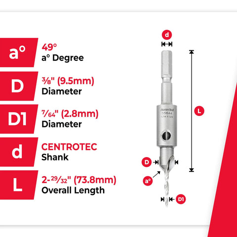 Measurement diagram of Pro Carbide Tipped 82 Degree Countersink Bit Fits Festool CENTROTEC with shank size and angles