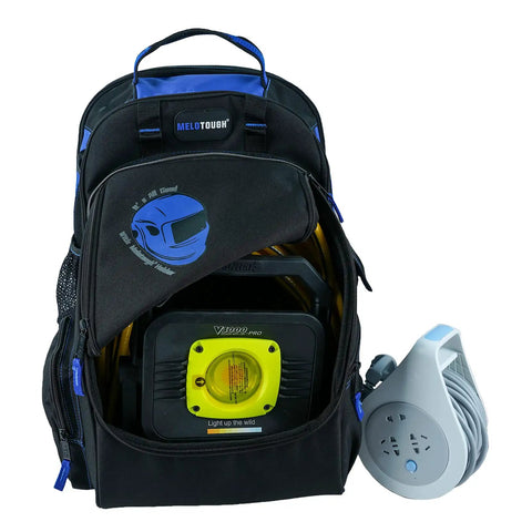 Front view of Electrician Tool Backpack With Helmet Catch Detachable Large Capacity Workhorse Bag showing compartments