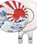 Ukiyoe Wave Golf Ball Marker With Magnetic Hat Clip Made From Zinc Alloy Durable Accessory For Golfers Dope Gift For Fans Of Japanese Art And The Great Wave Theme On The Green. Circular design with wave and red sun.