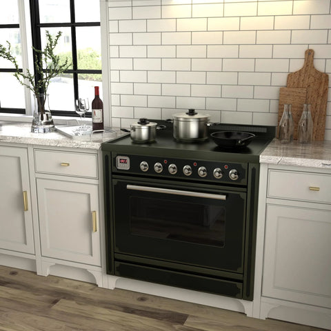 Modern kitchen with black stove, white cabinets, marble countertop, and adjustable gold cabinet pulls 10 pack for kitchen cabinets.