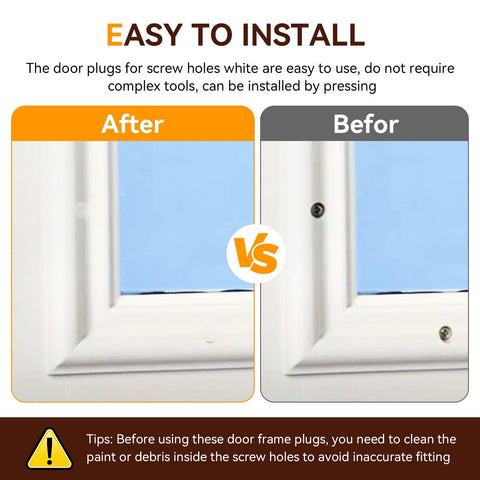 Comparison of door frame with and without 50Pcs Entry Door Plugs Set For Door Frames And Window Screw Holes White Diameter Five Sixteenths By One Quarter Inch