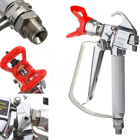 Built Tough Airless Paint Spray Gun With Nozzle Guard For Pump Sprayer 3600 Psi High Pressure Setup showing trigger, nozzle and body design.