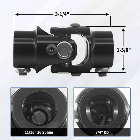 Heavy Duty Steering Shaft Universal Joint Coupling With Eleven Sixteenths Inch Spline And Thirty Six Spline To Three Quarters Inch DD End Black Metal U Joint Replacement For Easy Direct Swap, 11/16 36 spline to 3/4 DD