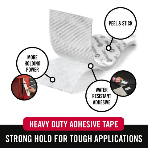 Close-up of Heavy Duty Mounting Tape 12 Foot Roll Holds Up To 10 Lbs Indoor Outdoor Use One And A Half Inch White Industrial Strength Adhesive.
