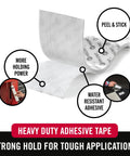 Heavy Duty Velcro Tape 12 Foot Roll Super Strong Sticky Back Holds Up To 10 Lbs Industrial Fasteners For Indoor Outdoor Use 1.5 Inch Width White Pack of 12 No Tools Needed showing peel and stick features.