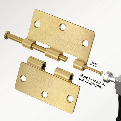Tough As Nails Satin Brass Door Hinges Three Point Five Inches showing hinge mechanism and removal instructions.