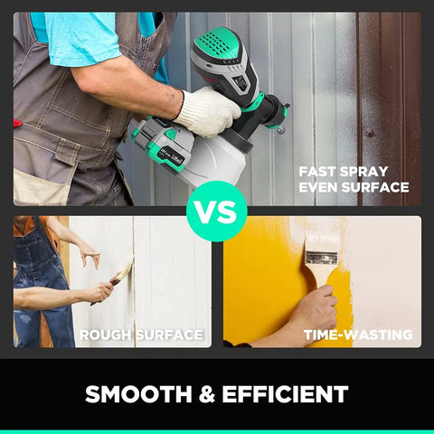 20V Cordless HVLP Paint Sprayer Gun With 4.0 Ah Battery And Charger used by man for fast, even surface coating on metal panel.