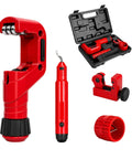 Heavy Duty 4 Piece Pipe And Tubing Cutter Set With Deburring Tool And Reamer For Pros displayed with case and tools