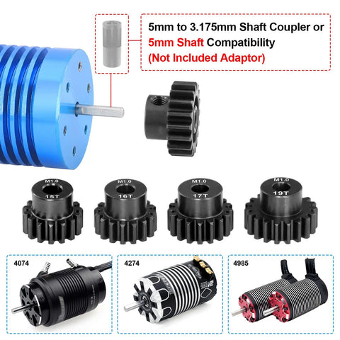 Beefed Up High Speed Pinion Gear Set 15T 16T 17T 18T 19T 5mm Bore Hardened Steel compatibility shown with motors