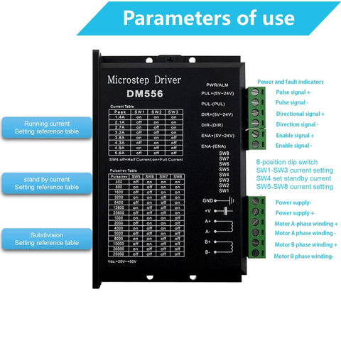 DM556 microstep driver module, front view with black enclosure, green terminal block and DIP switch labels.