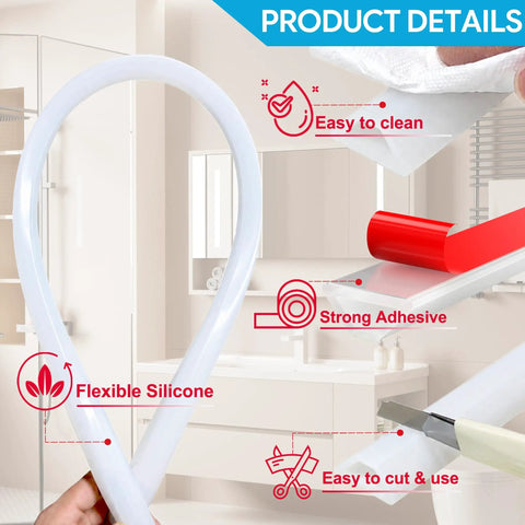 Self Adhesive Silicone Shower Threshold Water Dam Collapsible Flood Barrier For Curbless Walk In Bathrooms Straight Up shows flexible silicone strip and strong adhesive.