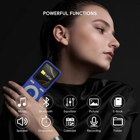 Person holding a 64GB Bluetooth MP3 Player With HiFi Lossless Sound, Built-In Speaker, Voice Recorder, and Shuffle in blue.