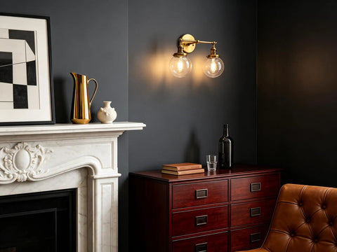 Room with vintage industrial wall sconce with switch, 180 degree adjustable hardwired vanity light with 5.9 inch globe glass shade, antique gold.