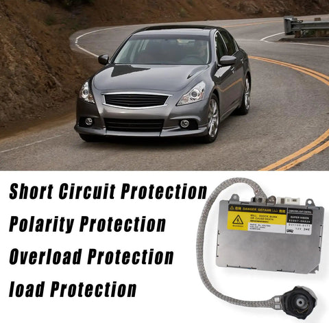 Xenon HID Headlight Ballast Module Replacement For Lexus IS300 ES300 LS430 SC430 RX300 RX330 RX350 RX400H Mazda 6 RX8 Toyota Avalon Celica Direct Fit OE Grade Easy Install shown with car backdrop and protection features
